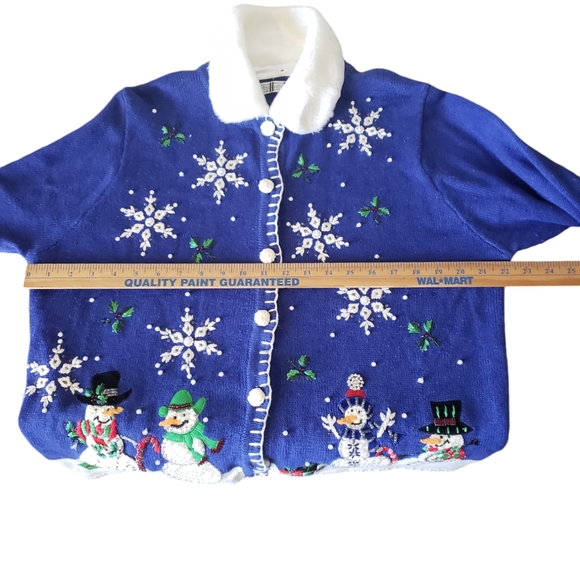 OHI Christmas Blue Sweater Beaded Snowman Snowflakes Detachable Fur Collar Sz XL - Picture 17 of 17